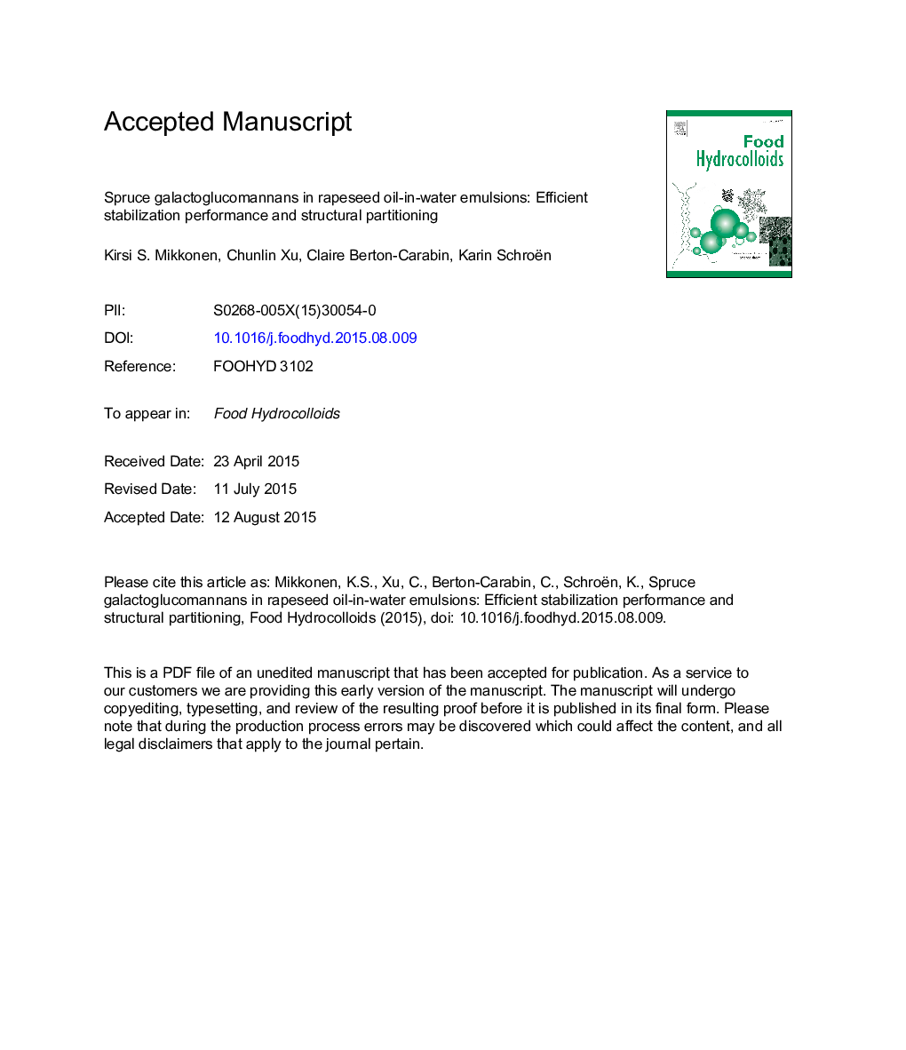 Spruce galactoglucomannans in rapeseed oil-in-water emulsions: Efficient stabilization performance and structural partitioning