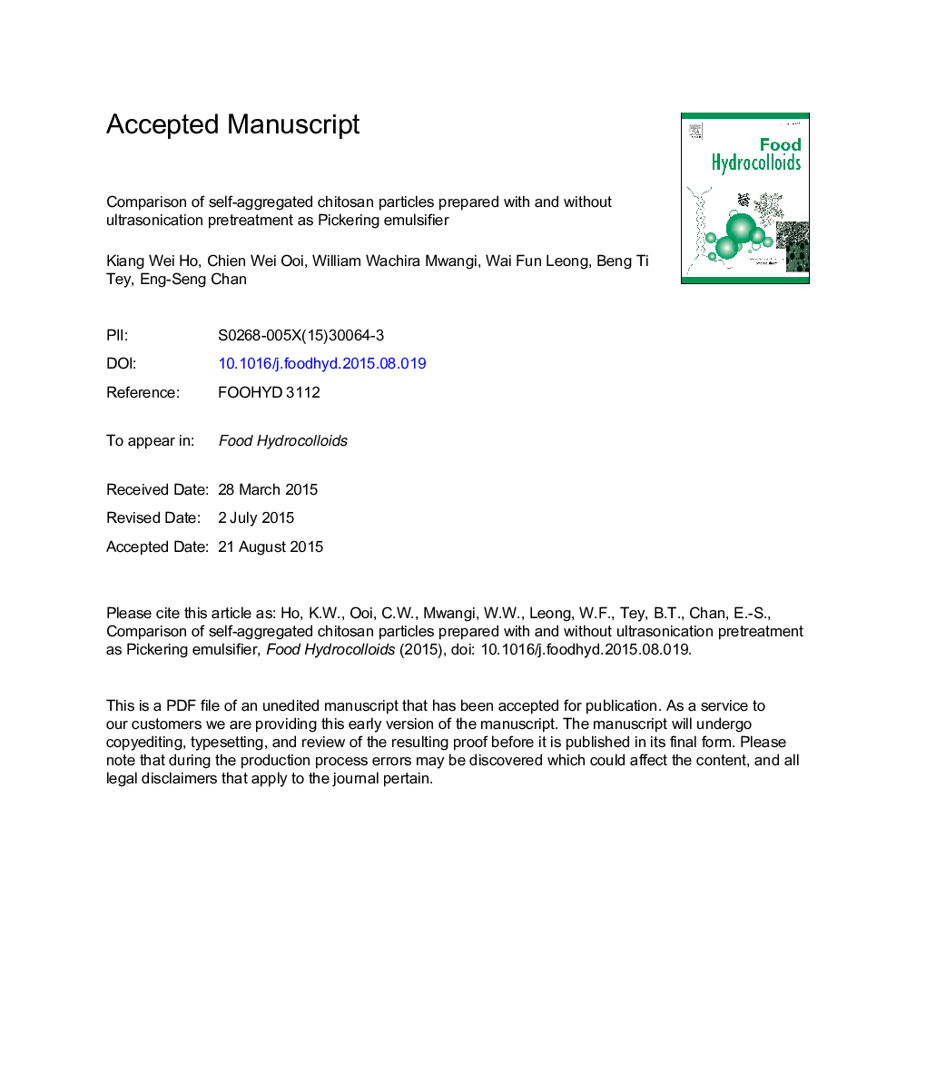 Comparison of self-aggregated chitosan particles prepared with andÂ without ultrasonication pretreatment as Pickering emulsifier