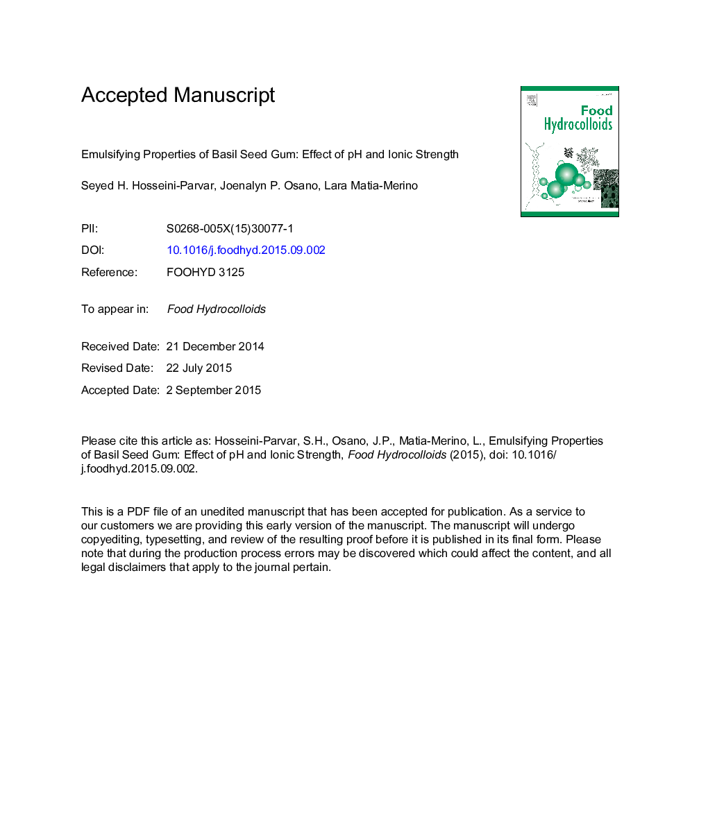 Emulsifying properties of basil seed gum: Effect of pH and ionic strength