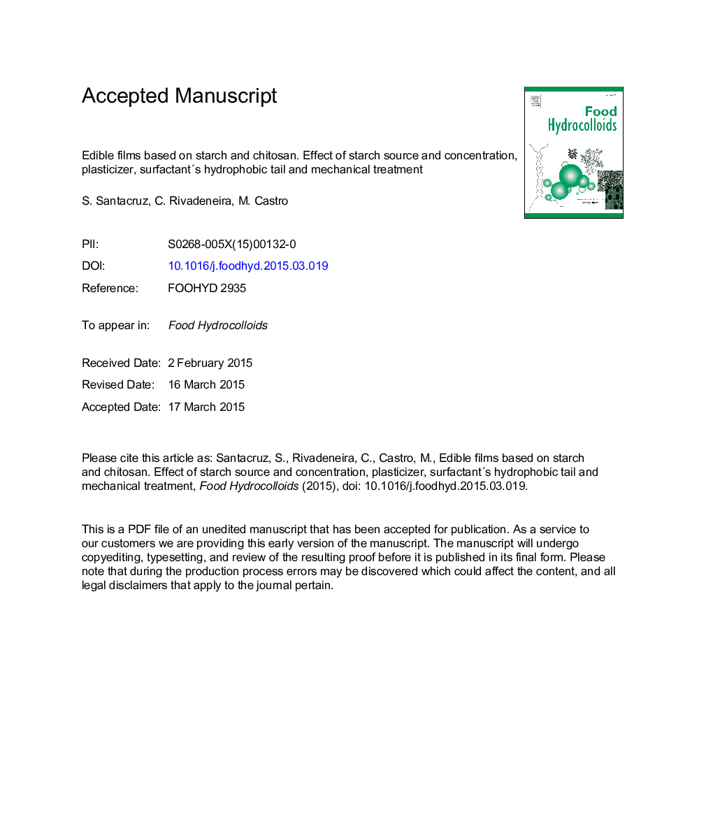 Edible films based on starch and chitosan. Effect of starch source andÂ concentration, plasticizer, surfactant's hydrophobic tail andÂ mechanical treatment