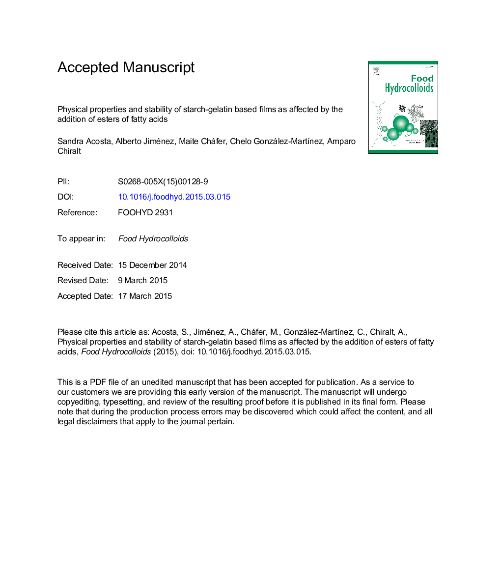 Physical properties and stability of starch-gelatin based films as affected by the addition of esters of fatty acids