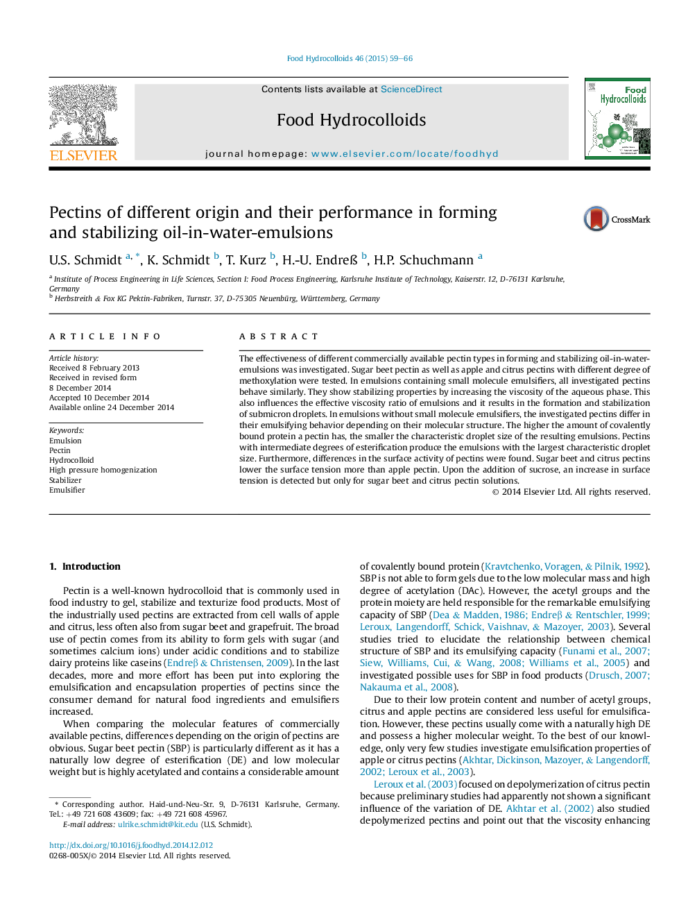 Pectins of different origin and their performance in forming andÂ stabilizing oil-in-water-emulsions