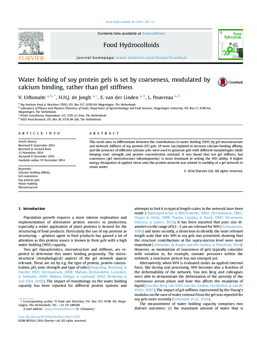 Water holding of soy protein gels is set by coarseness, modulated by calcium binding, rather than gel stiffness