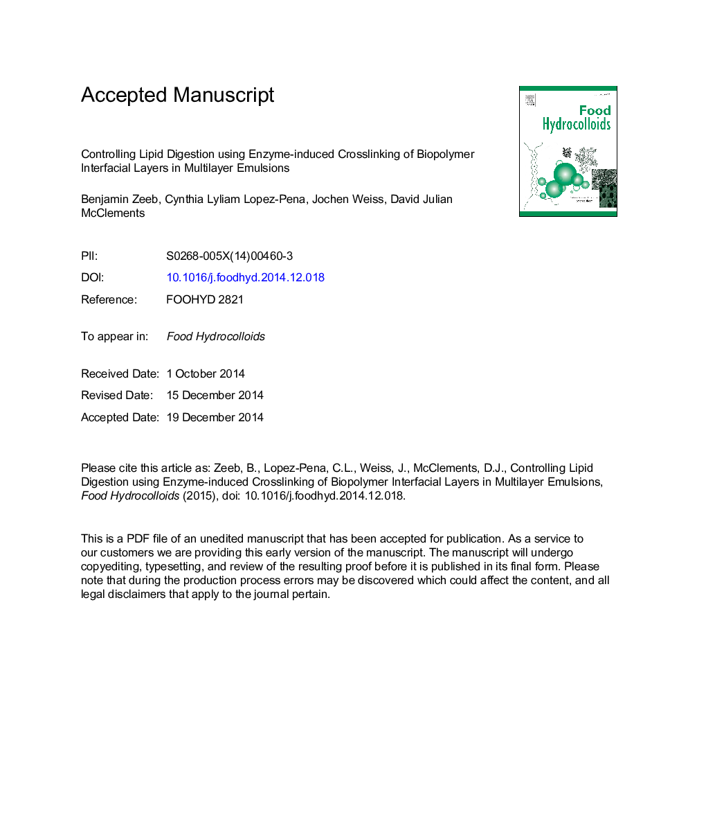 Controlling lipid digestion using enzyme-induced crosslinking ofÂ biopolymer interfacial layers in multilayer emulsions