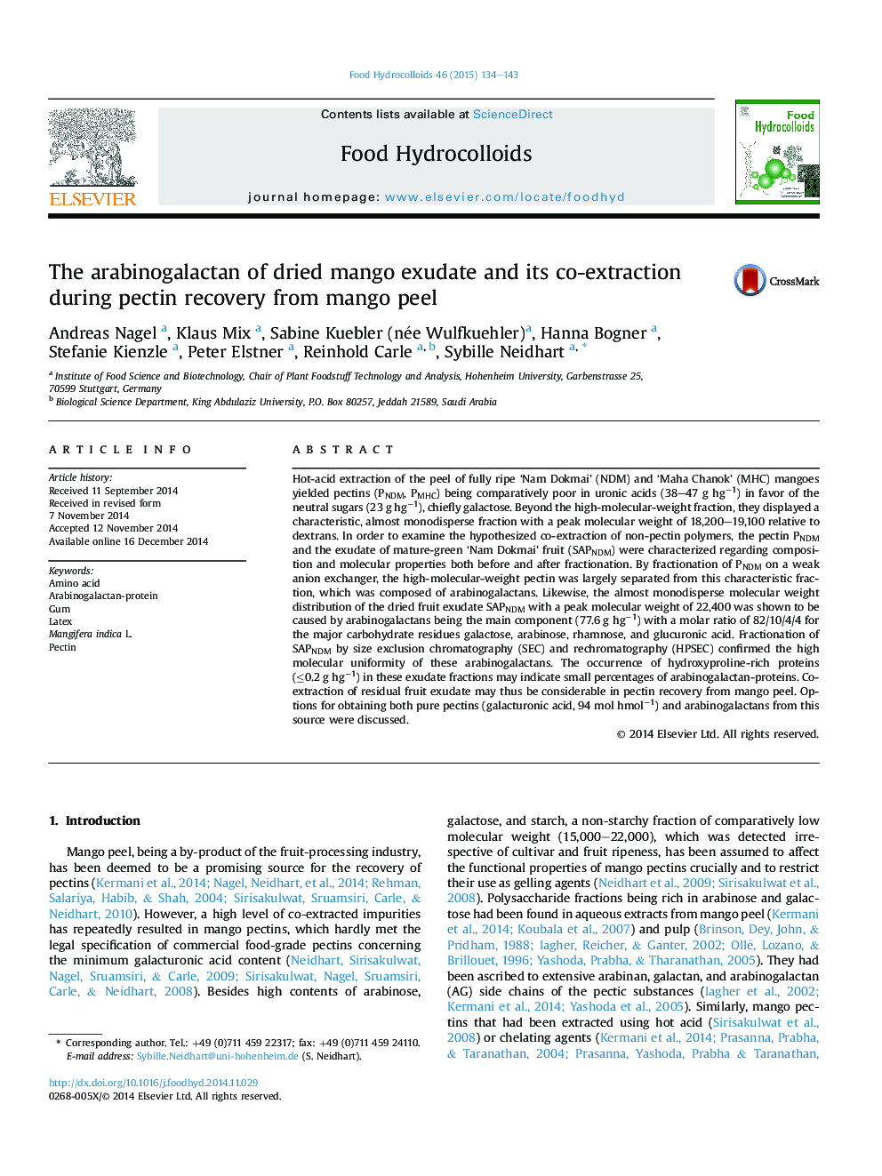 The arabinogalactan of dried mango exudate and its co-extraction during pectin recovery from mango peel