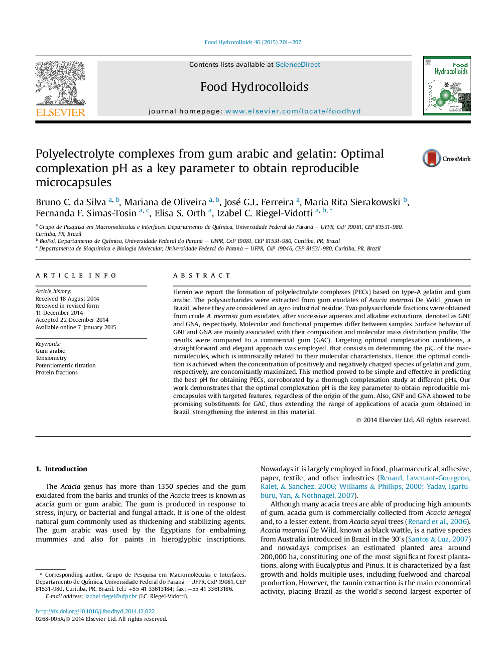 Polyelectrolyte complexes from gum arabic and gelatin: Optimal complexation pH as a key parameter to obtain reproducible microcapsules