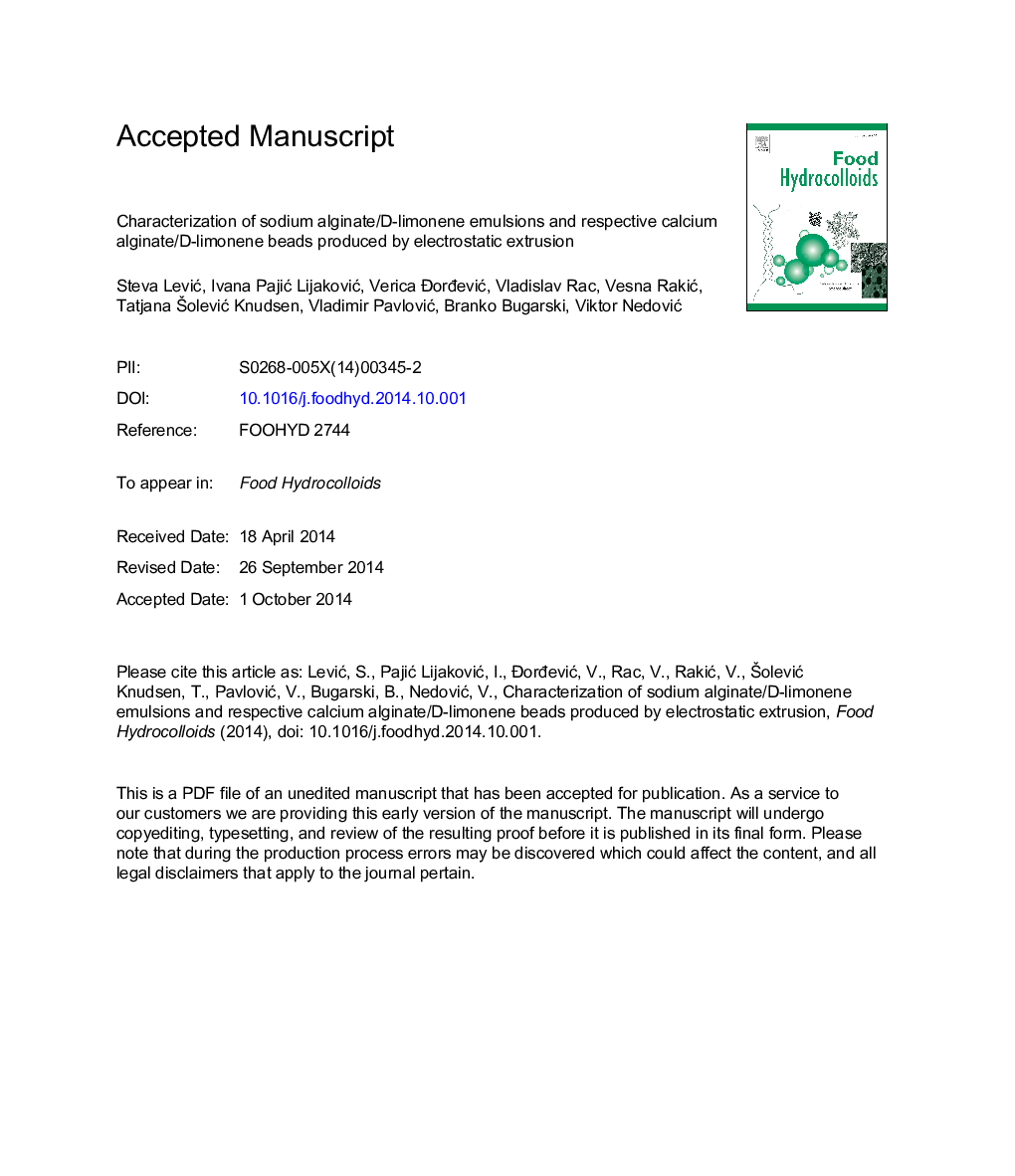 خصوصیات امولسیون آلژینات سدیم / دی-لیمونن و دانه های آلژینات / دی-لیمونن مربوط به آن توسط اکستروژن الکترواستاتیک 