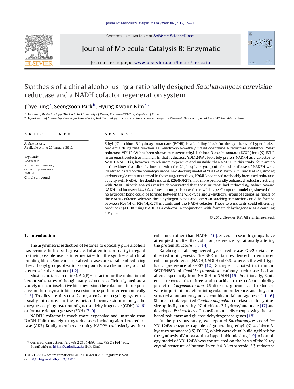 Synthesis of a chiral alcohol using a rationally designed Saccharomyces cerevisiae reductase and a NADH cofactor regeneration system