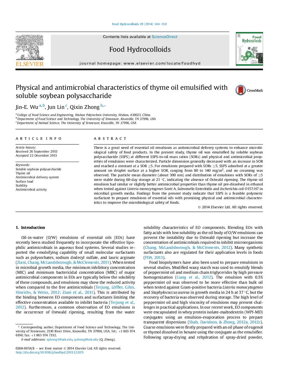 Physical and antimicrobial characteristics of thyme oil emulsified with soluble soybean polysaccharide