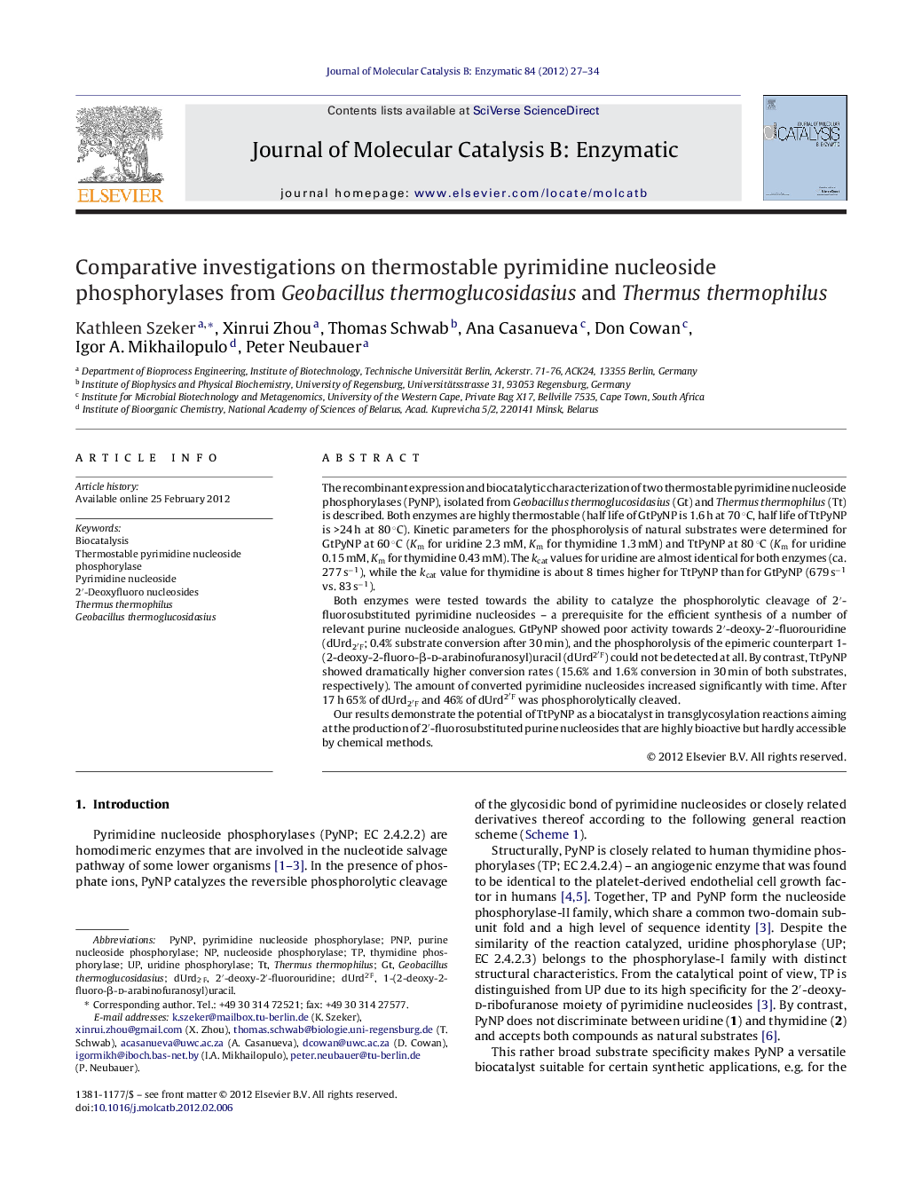 Comparative investigations on thermostable pyrimidine nucleoside phosphorylases from Geobacillus thermoglucosidasius and Thermus thermophilus