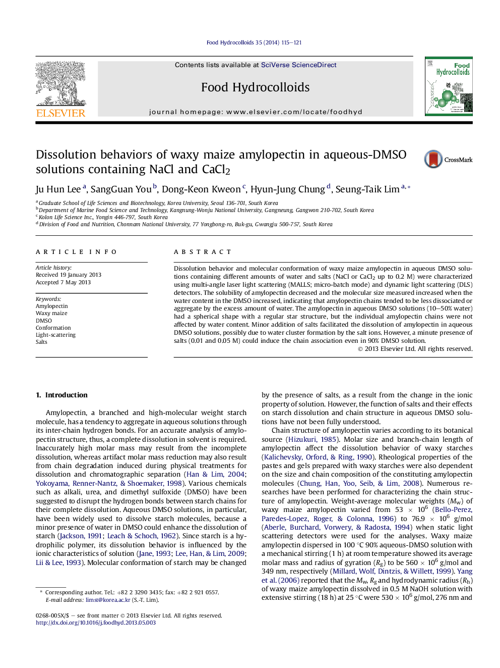 Dissolution behaviors of waxy maize amylopectin in aqueous-DMSO solutions containing NaCl and CaCl2