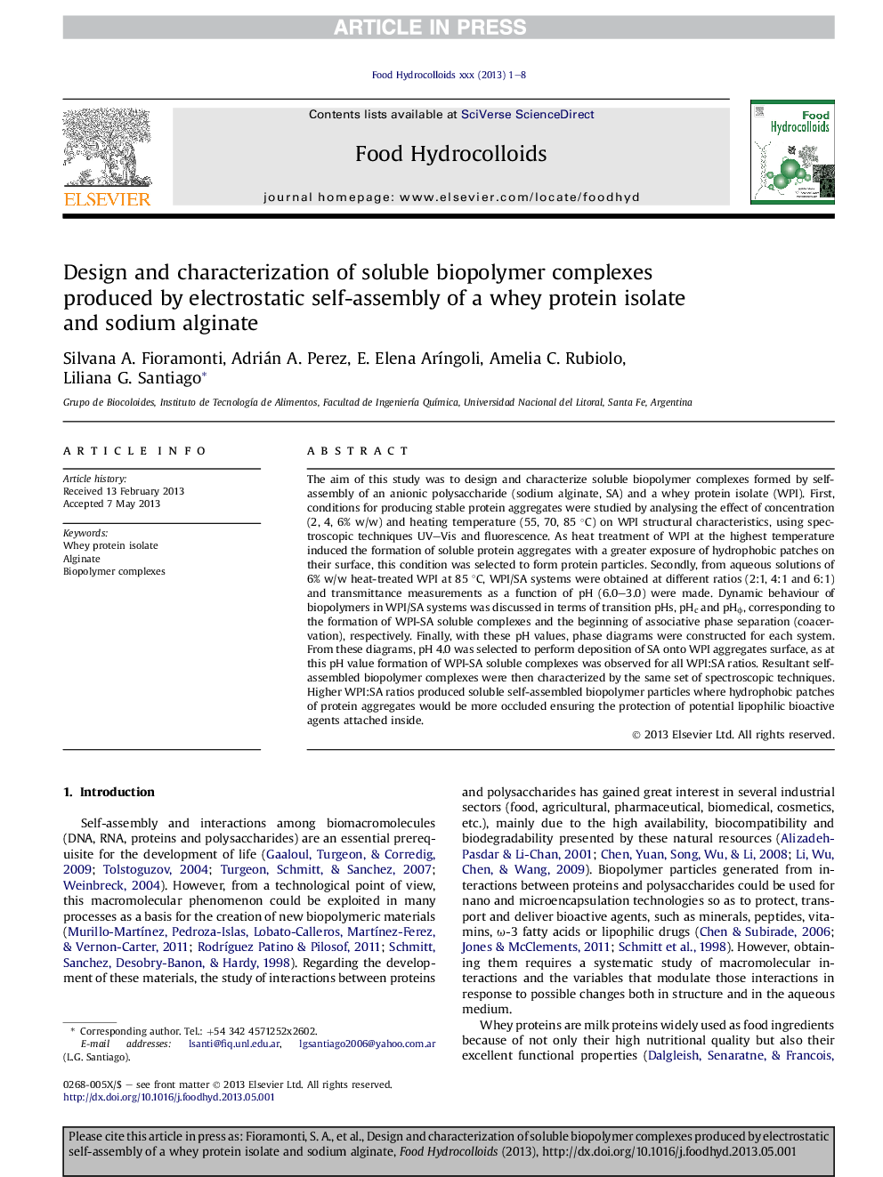 Design and characterization of soluble biopolymer complexes produced by electrostatic self-assembly of a whey protein isolate andÂ sodium alginate