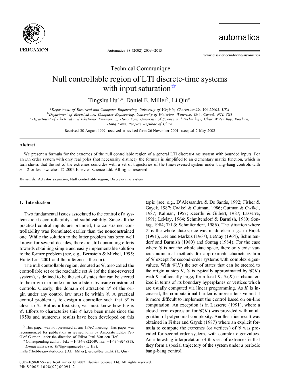 Null controllable region of LTI discrete-time systems with input saturation 