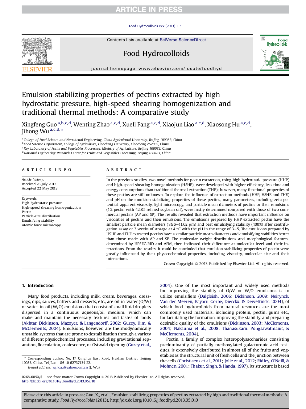 Emulsion stabilizing properties of pectins extracted by high hydrostatic pressure, high-speed shearing homogenization and traditional thermal methods: A comparative study