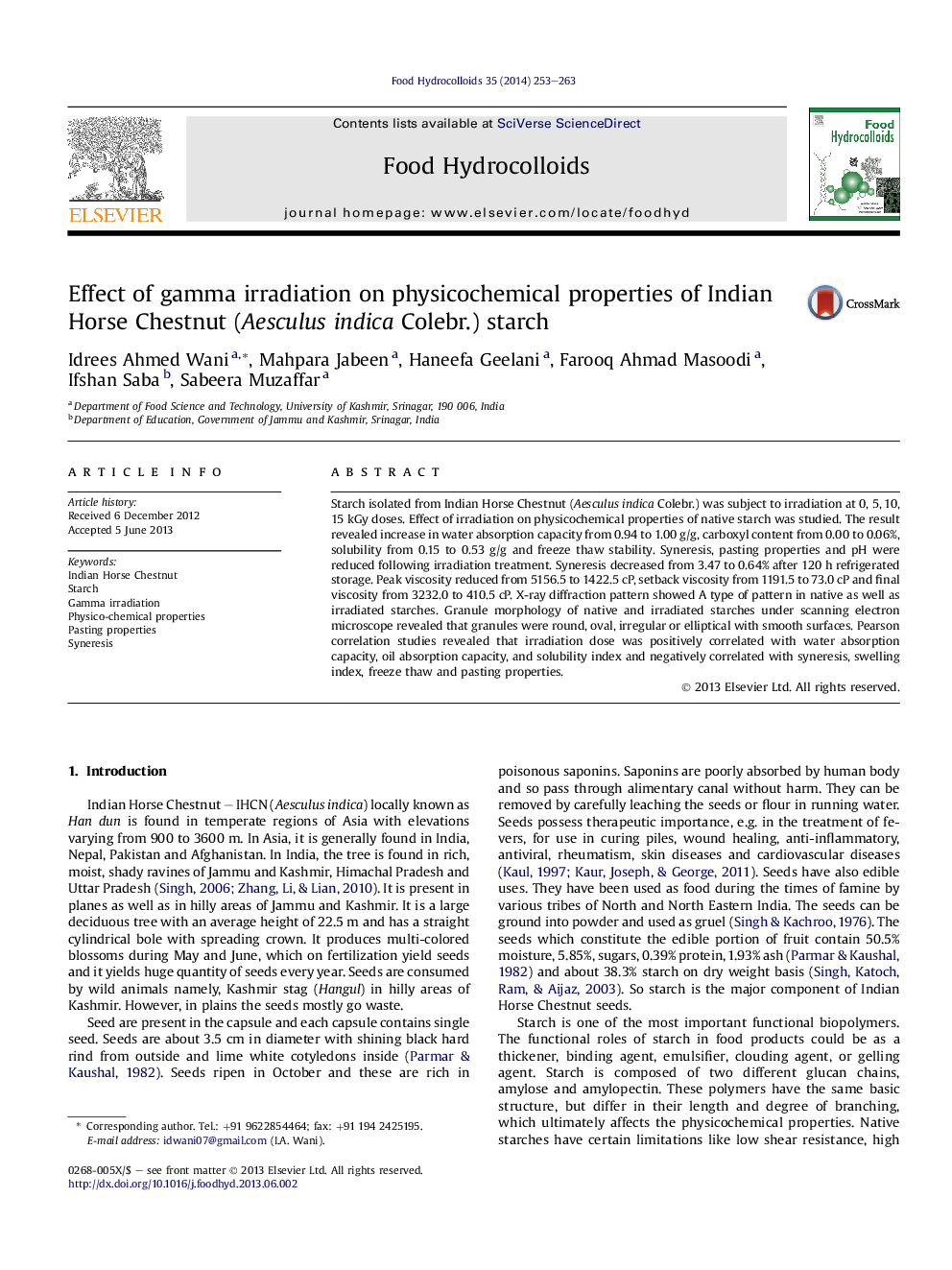 Effect of gamma irradiation on physicochemical properties of Indian Horse Chestnut (Aesculus indica Colebr.) starch