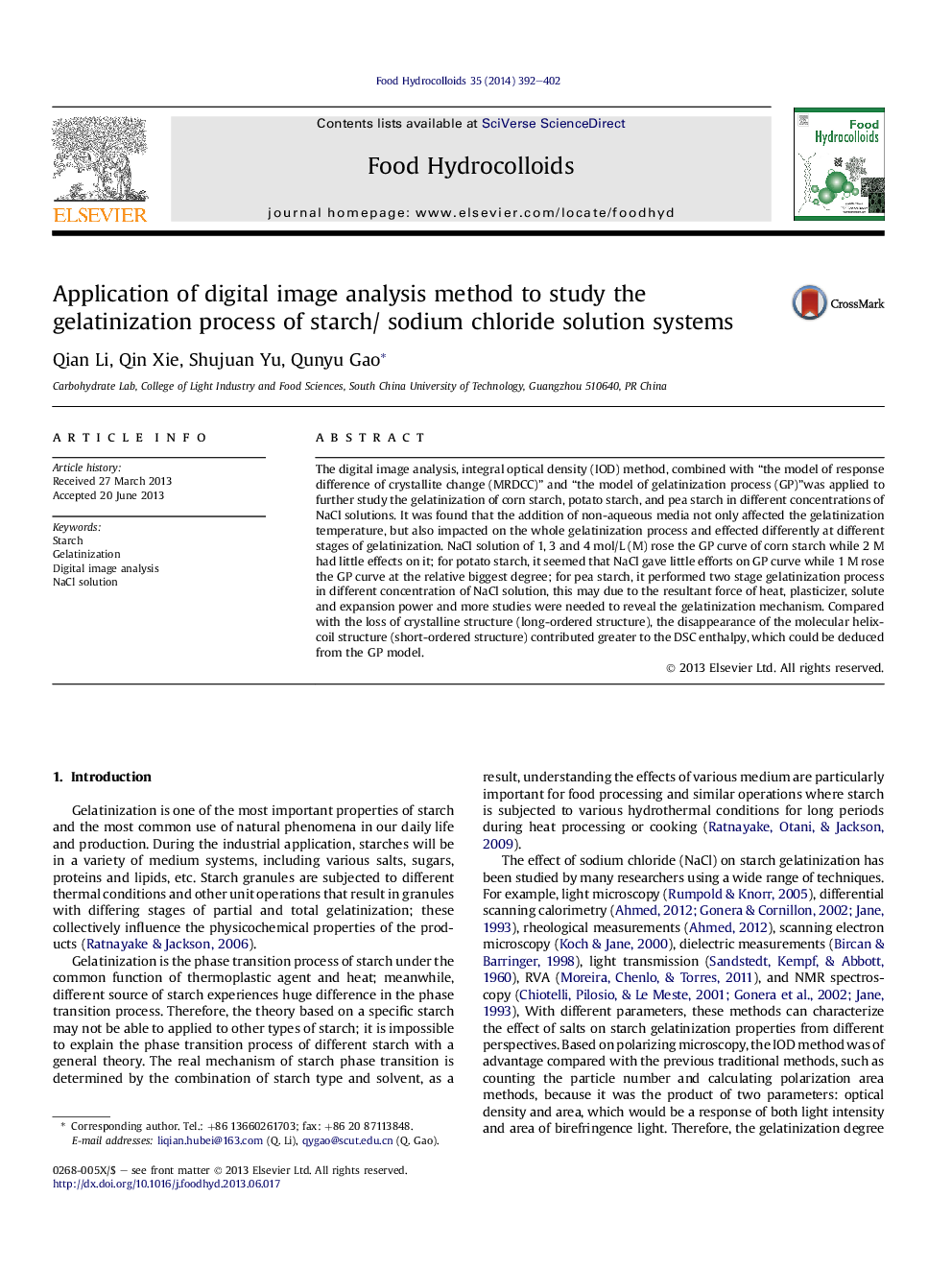 Application of digital image analysis method to study the gelatinization process of starch/ sodium chloride solution systems