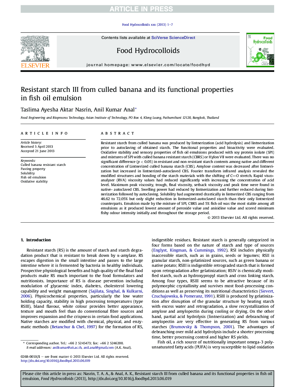 Resistant starch III from culled banana and its functional properties inÂ fish oil emulsion