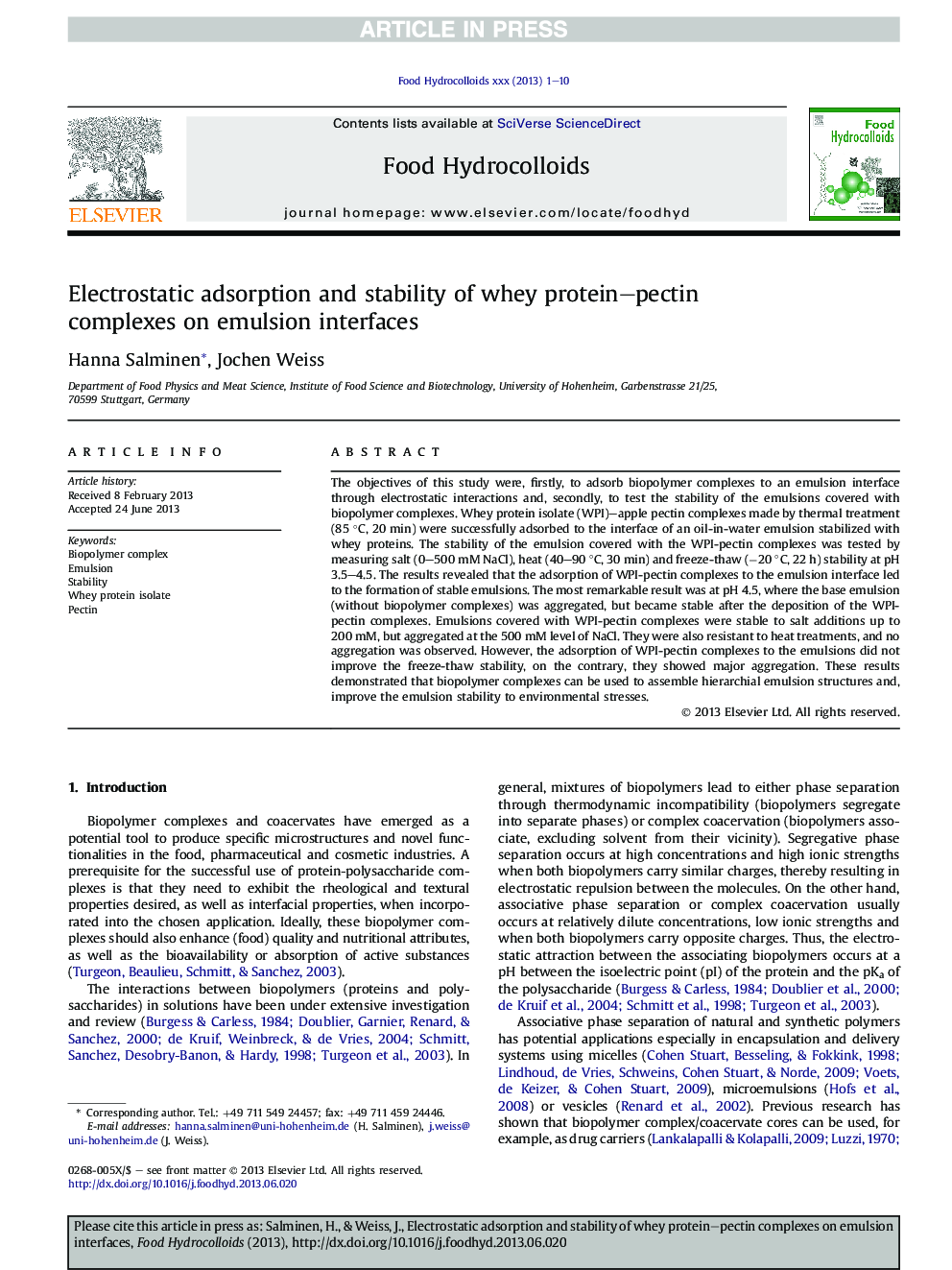 Electrostatic adsorption and stability of whey protein-pectin complexes on emulsion interfaces