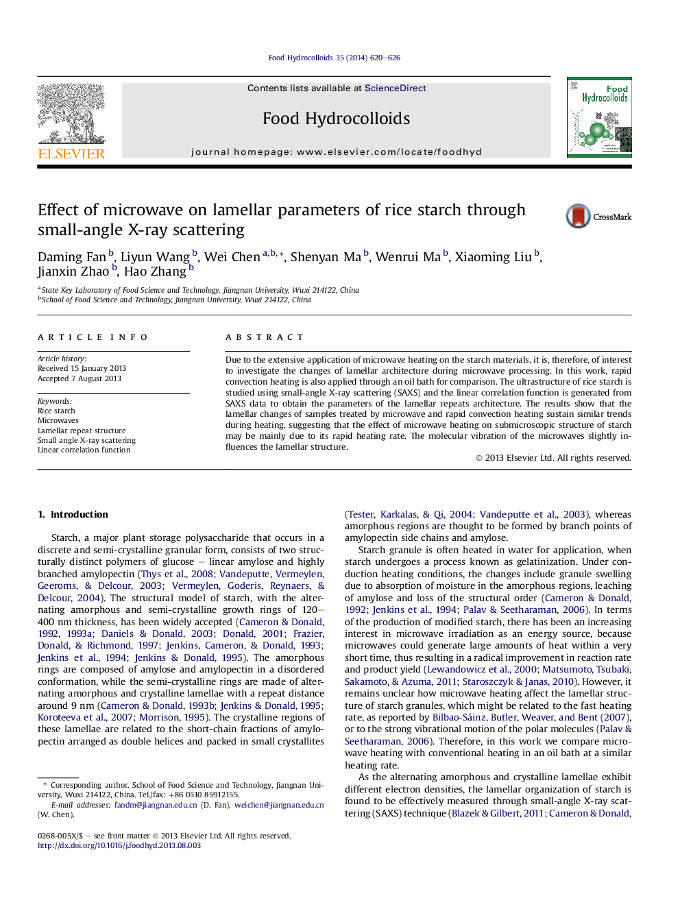 Effect of microwave on lamellar parameters of rice starch through small-angle X-ray scattering