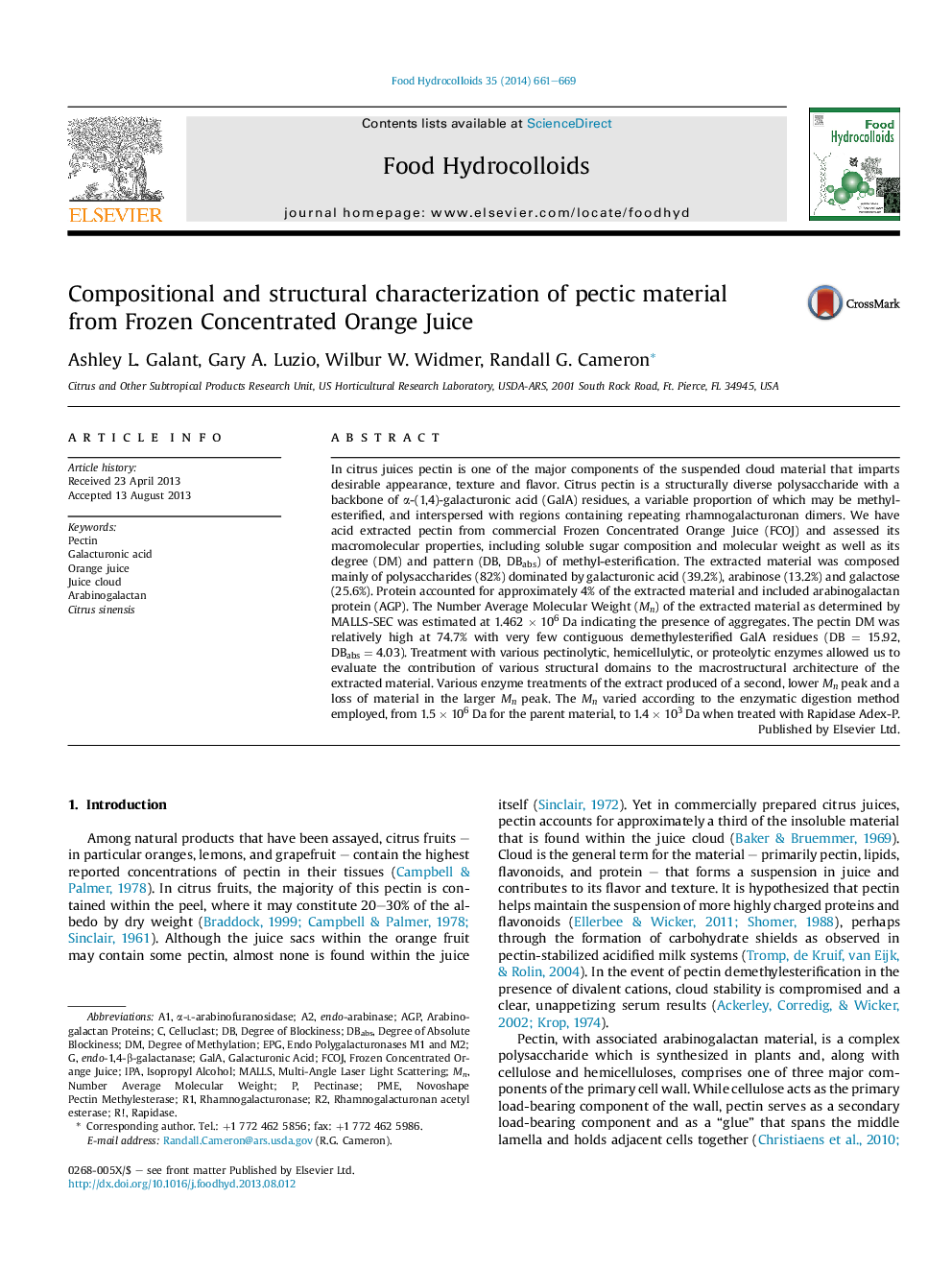 Compositional and structural characterization of pectic material fromÂ Frozen Concentrated Orange Juice