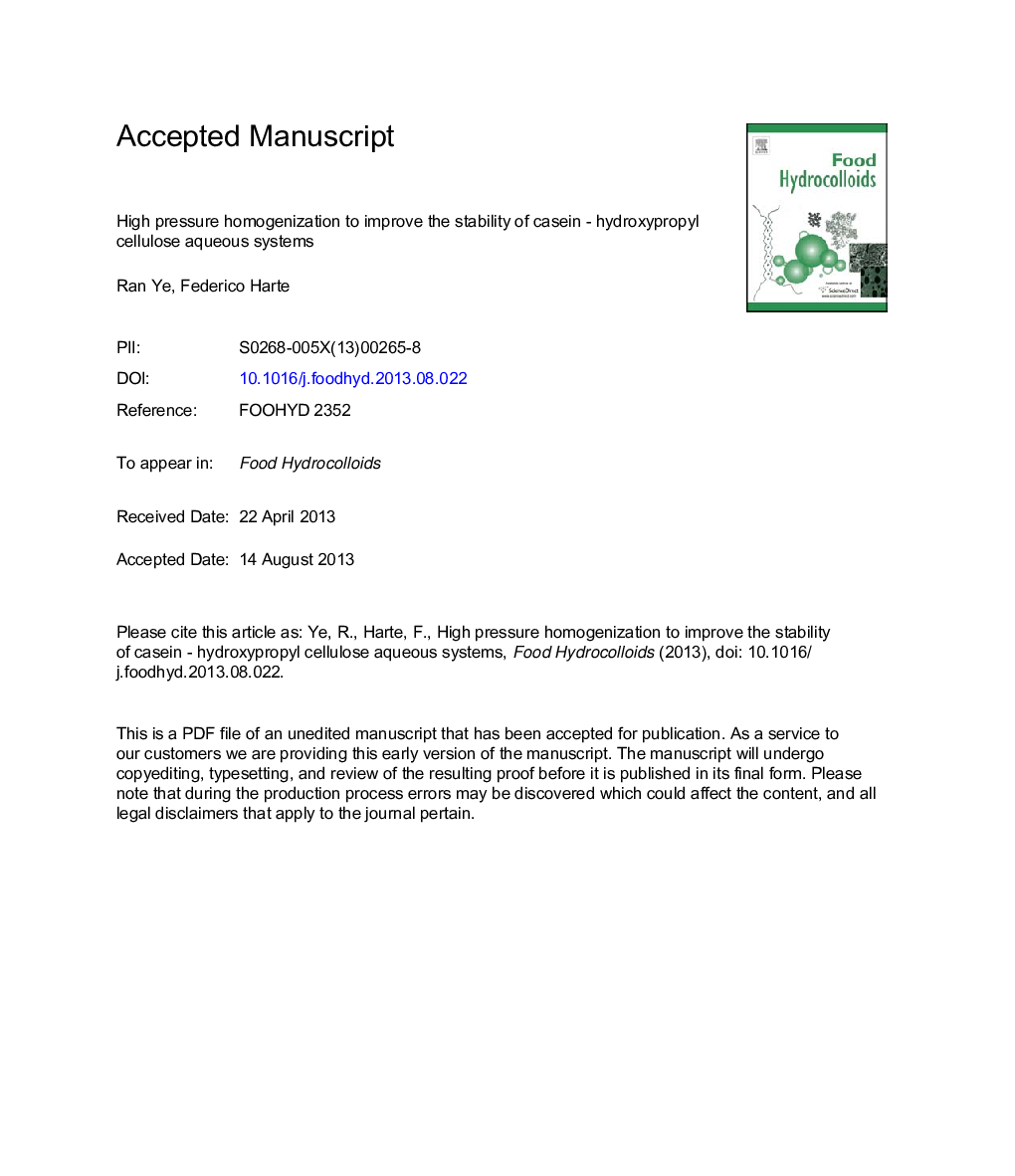 High pressure homogenization to improve the stability of casein-hydroxypropyl cellulose aqueous systems