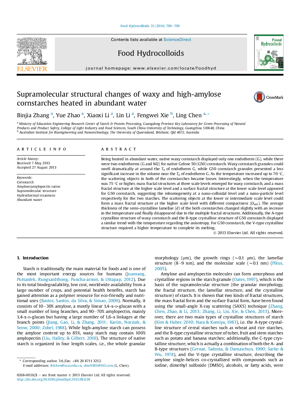 Supramolecular structural changes of waxy and high-amylose cornstarches heated in abundant water