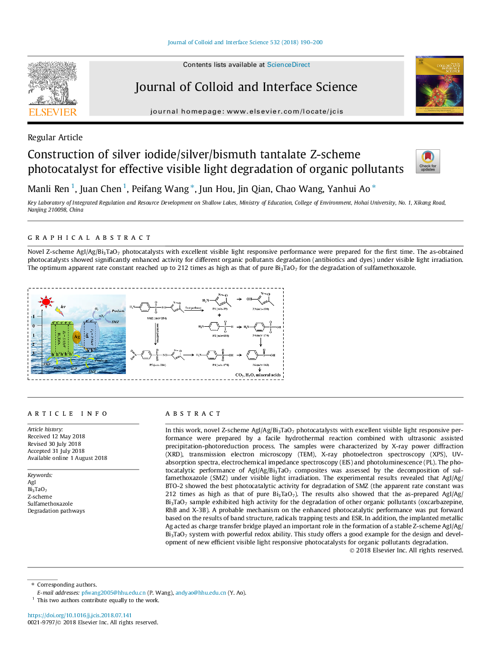 Construction of silver iodide/silver/bismuth tantalate Z-scheme photocatalyst for effective visible light degradation of organic pollutants