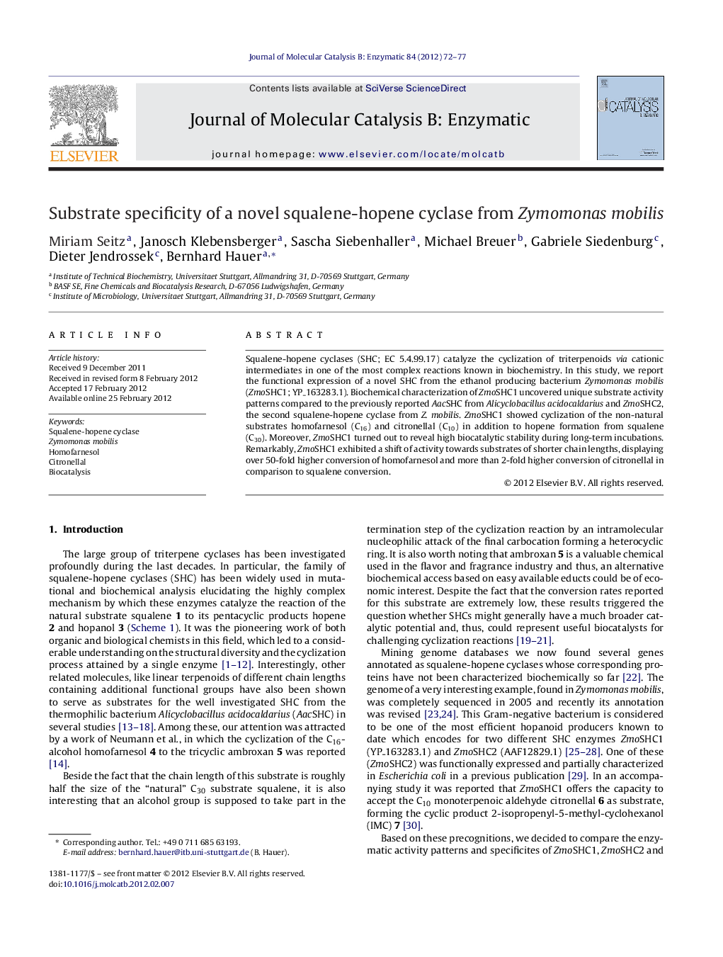 Substrate specificity of a novel squalene-hopene cyclase from Zymomonas mobilis