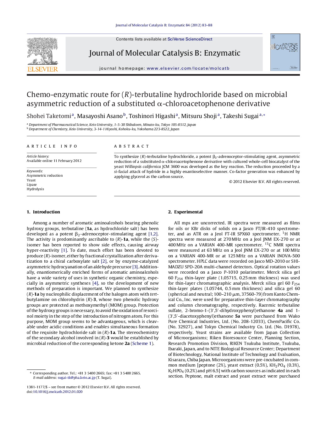 Chemo-enzymatic route for (R)-terbutaline hydrochloride based on microbial asymmetric reduction of a substituted α-chloroacetophenone derivative