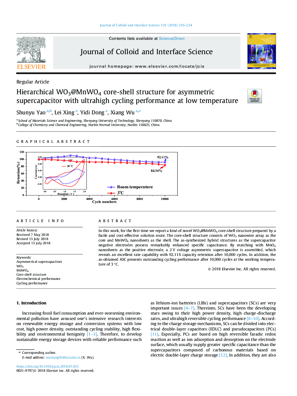 Hierarchical WO3@MnWO4 core-shell structure for asymmetric supercapacitor with ultrahigh cycling performance at low temperature