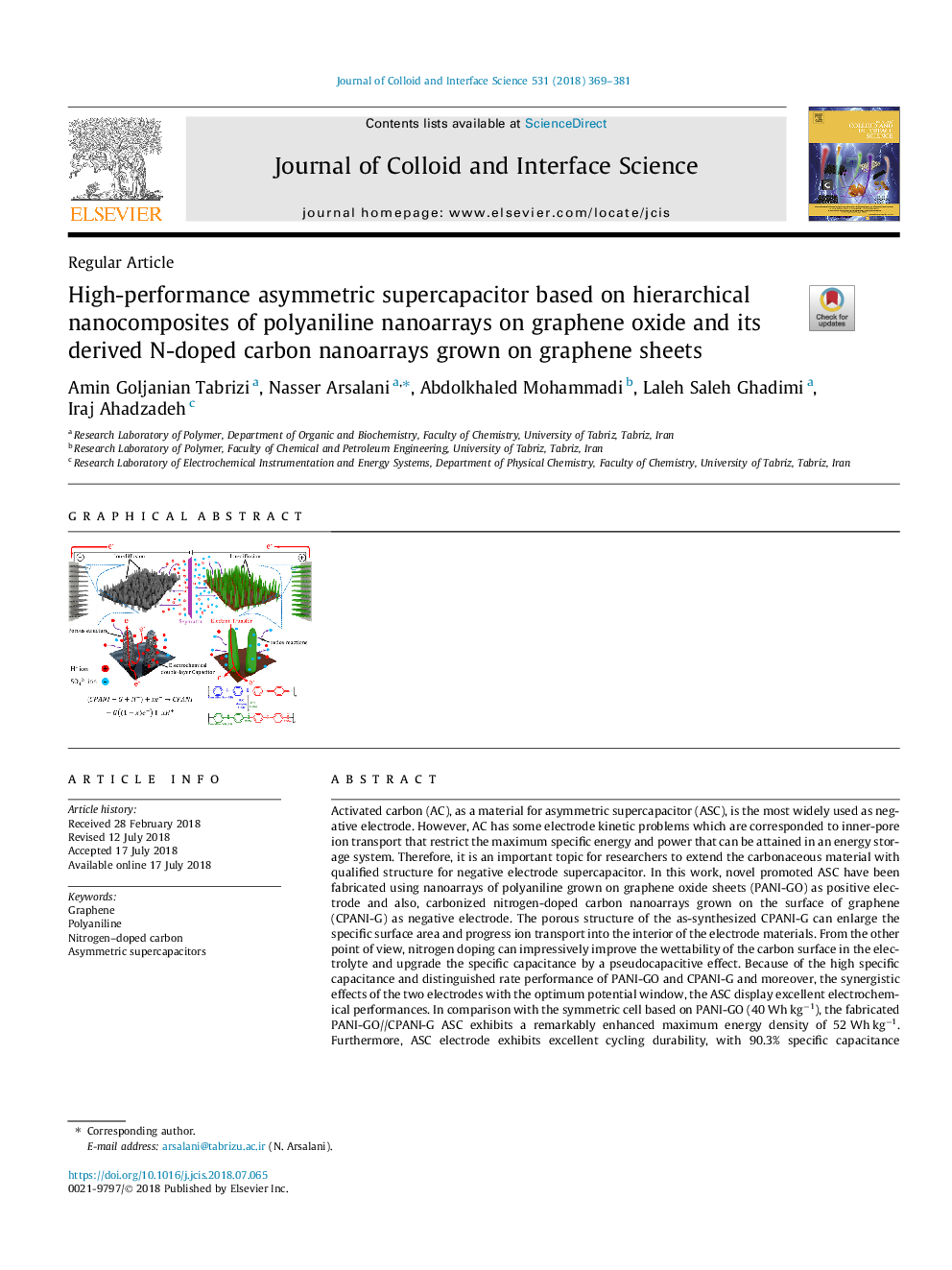 High-performance asymmetric supercapacitor based on hierarchical nanocomposites of polyaniline nanoarrays on graphene oxide and its derived N-doped carbon nanoarrays grown on graphene sheets