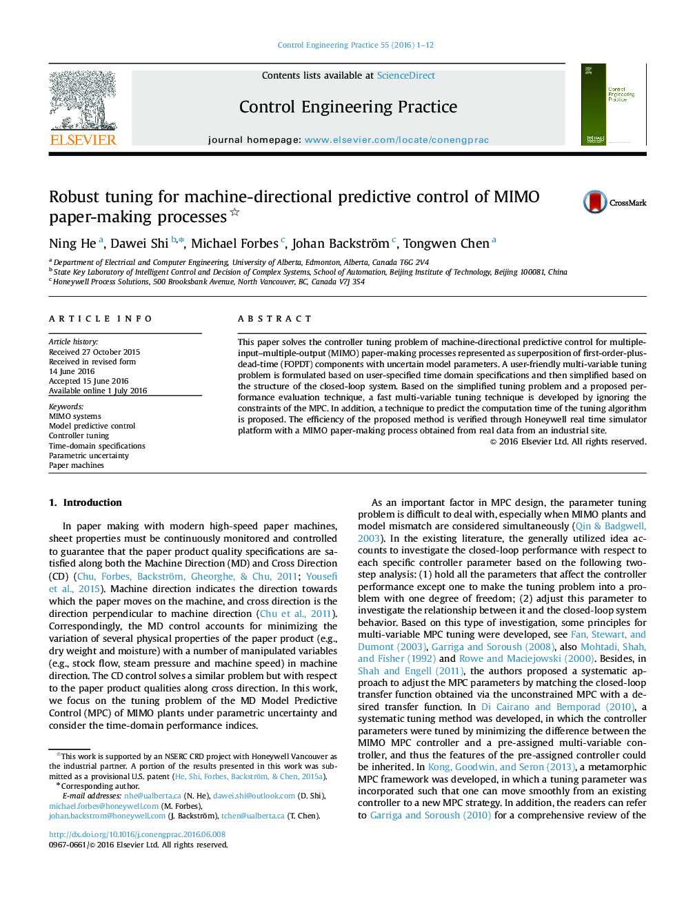 Robust tuning for machine-directional predictive control of MIMO paper-making processes 