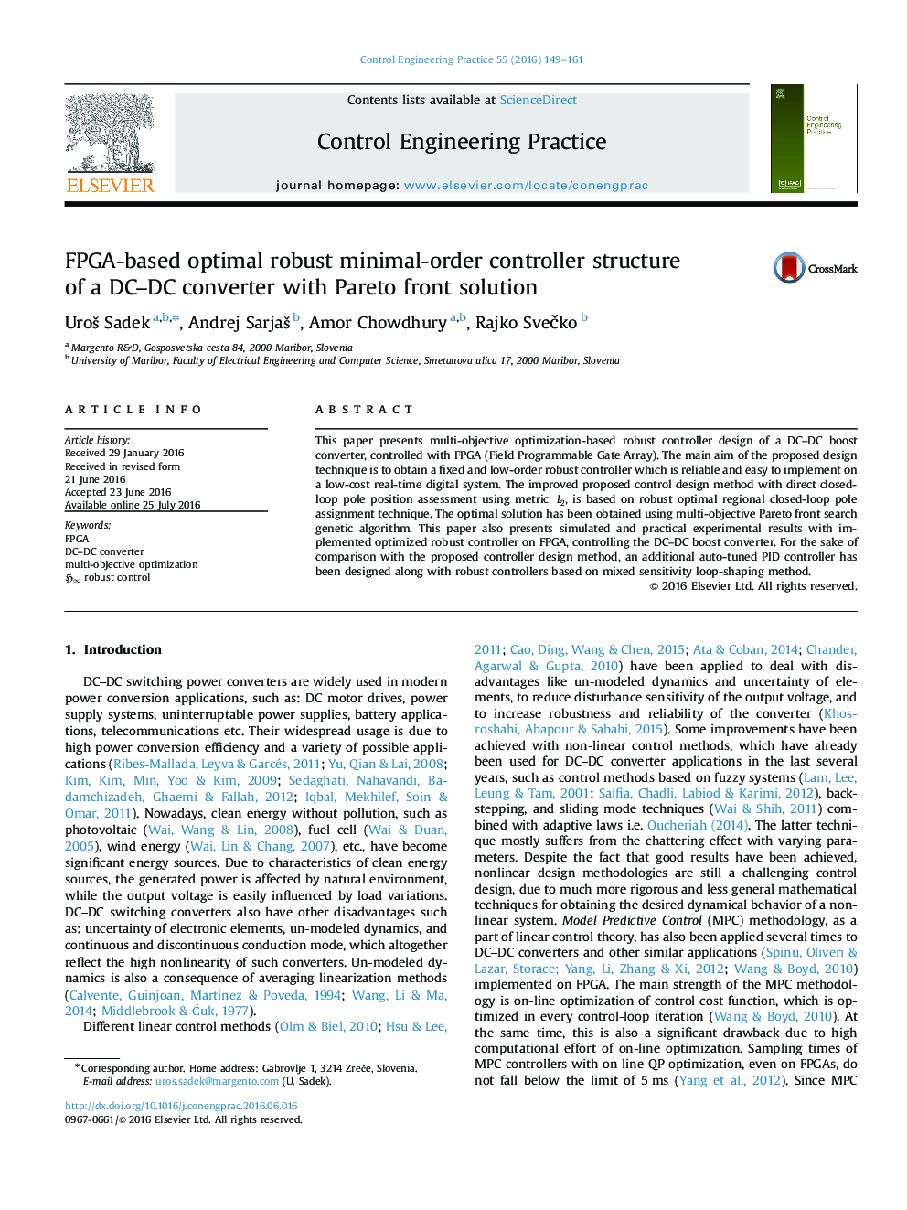 FPGA-based optimal robust minimal-order controller structure of a DC–DC converter with Pareto front solution