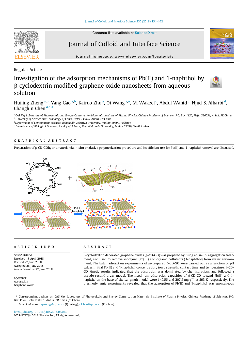 عکس صفحه اول مقاله: Investigation of the adsorption mechanisms of Pb(II) and 1-naphthol by β-cyclodextrin modified graphene oxide nanosheets from aqueous solution Investigation of the adsorption mechanisms of Pb(II) and 1-naphthol by β-cyclodextrin modified graphene oxide nanosheets from aqueous solution