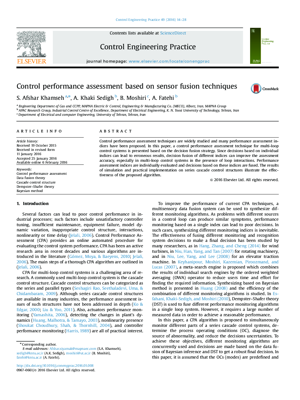 Control performance assessment based on sensor fusion techniques