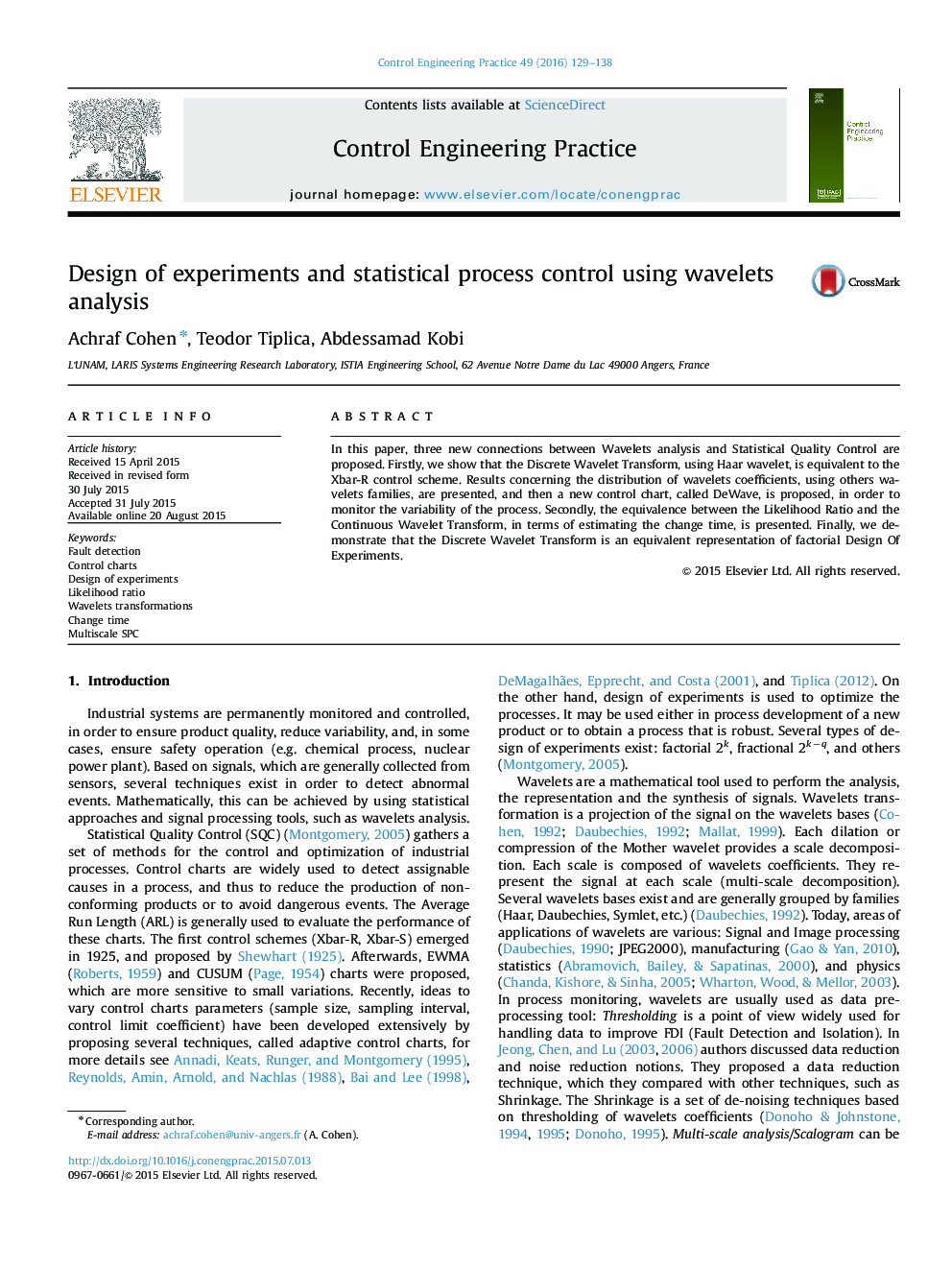 Design of experiments and statistical process control using wavelets analysis