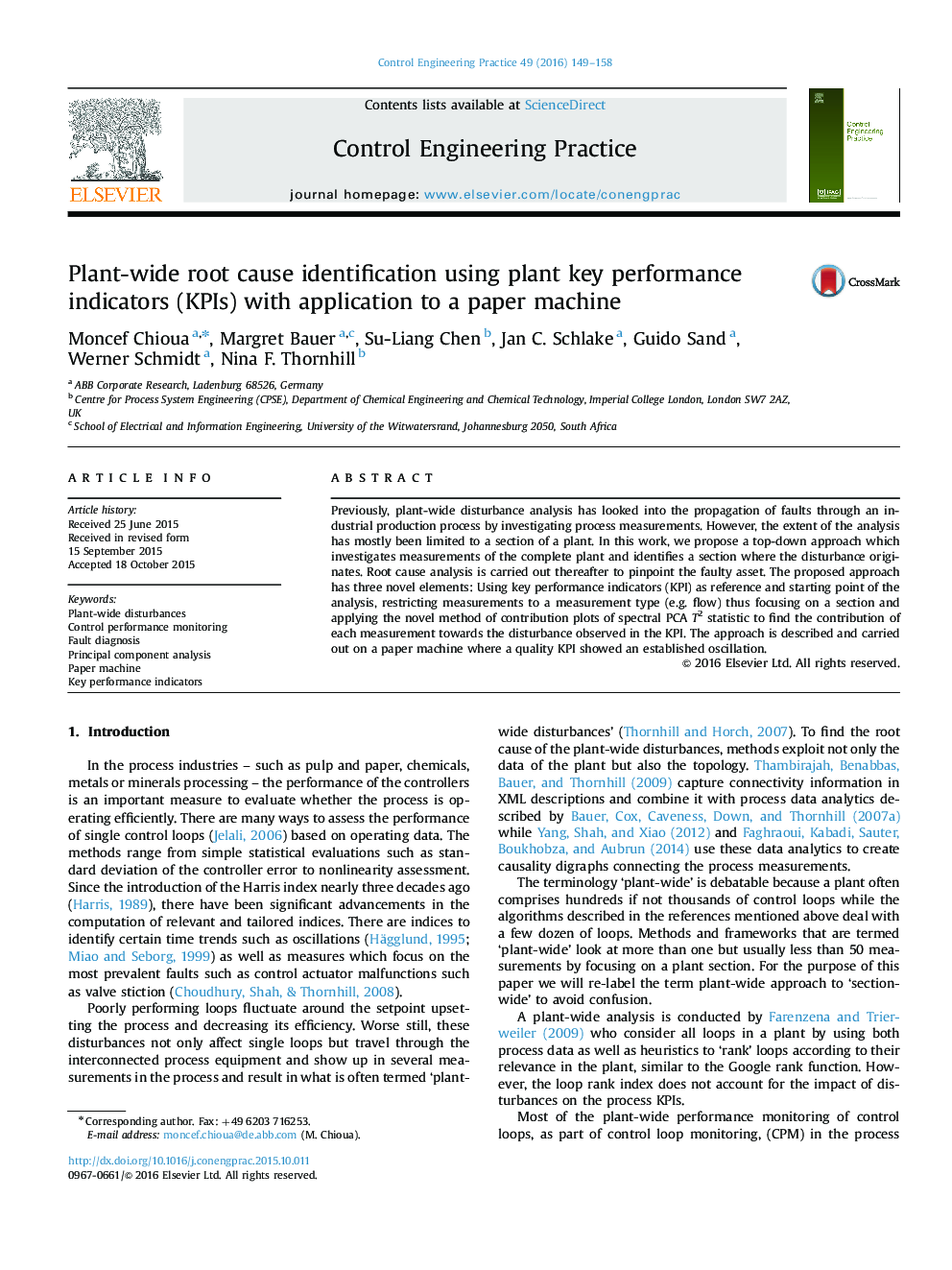 Plant-wide root cause identification using plant key performance indicators (KPIs) with application to a paper machine