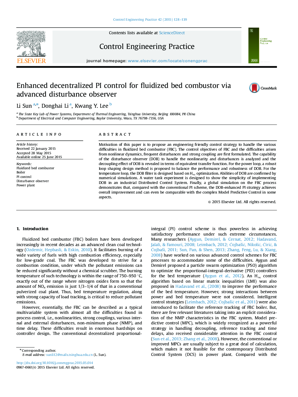 Enhanced decentralized PI control for fluidized bed combustor via advanced disturbance observer