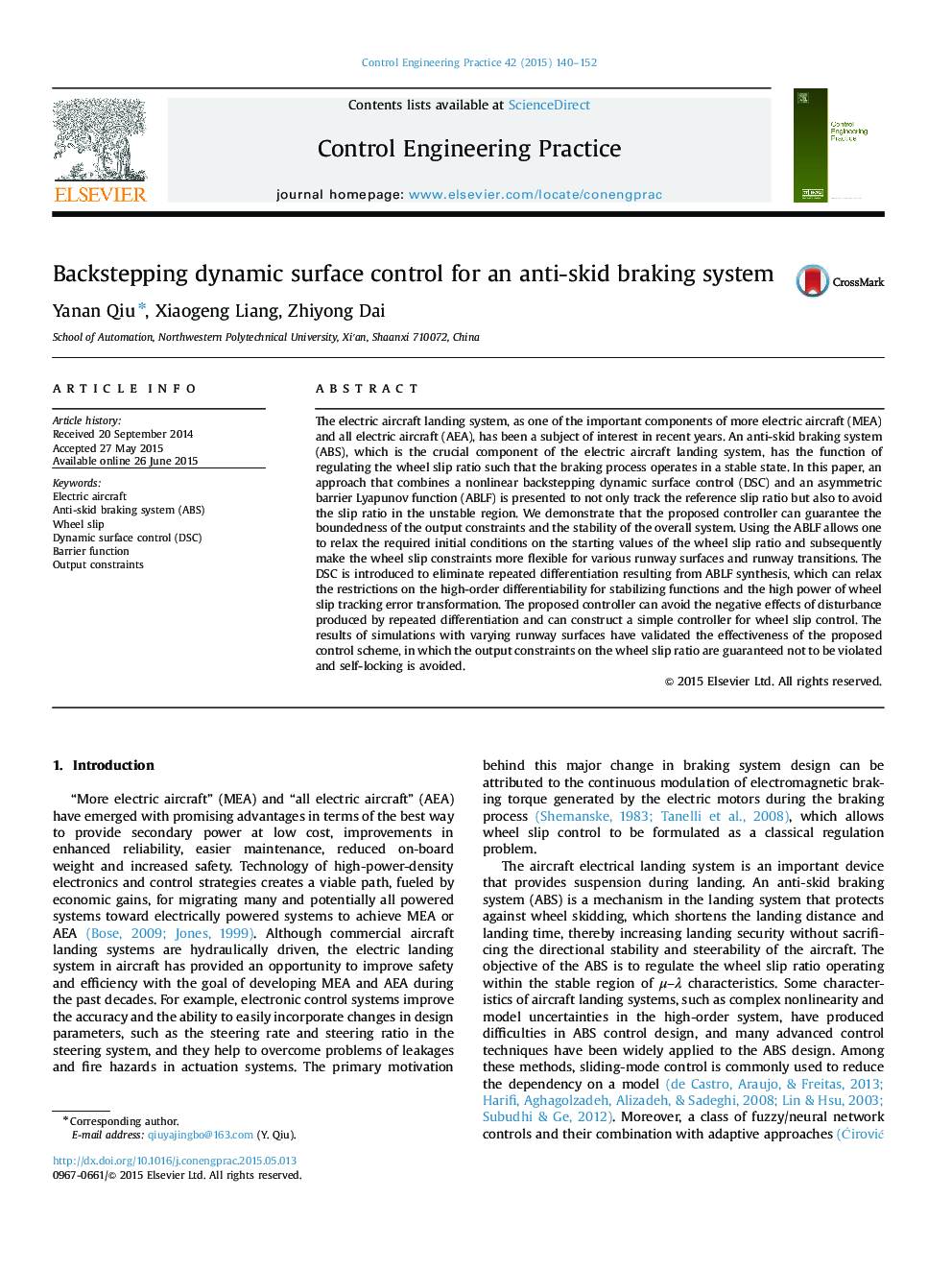 Backstepping dynamic surface control for an anti-skid braking system