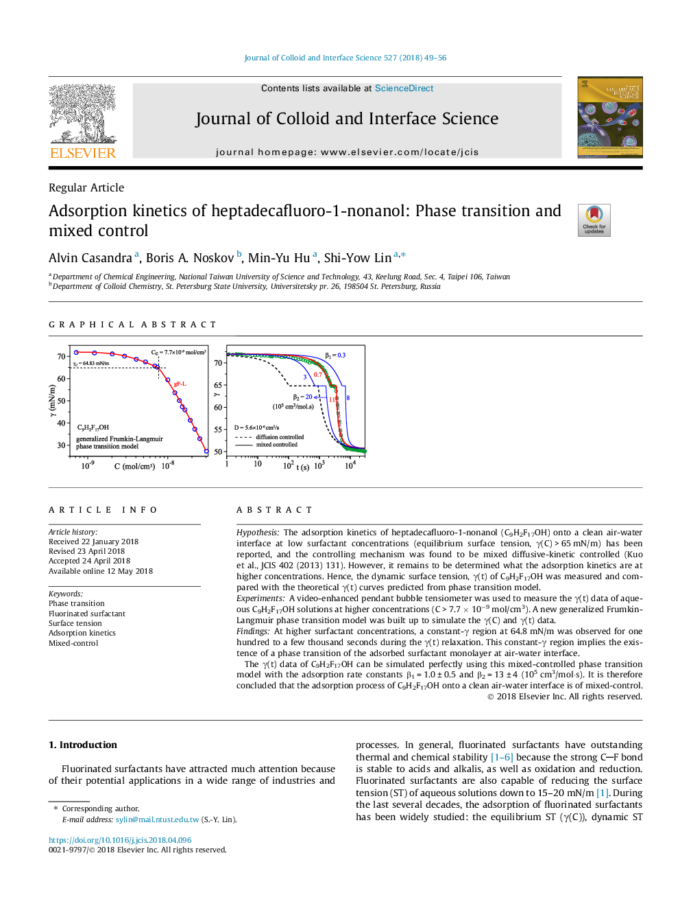 Adsorption kinetics of heptadecafluoro-1-nonanol: Phase transition and mixed control