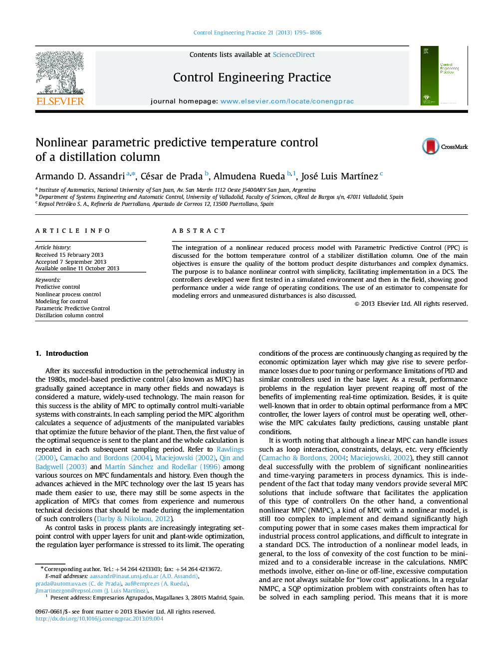 Nonlinear parametric predictive temperature control of a distillation column