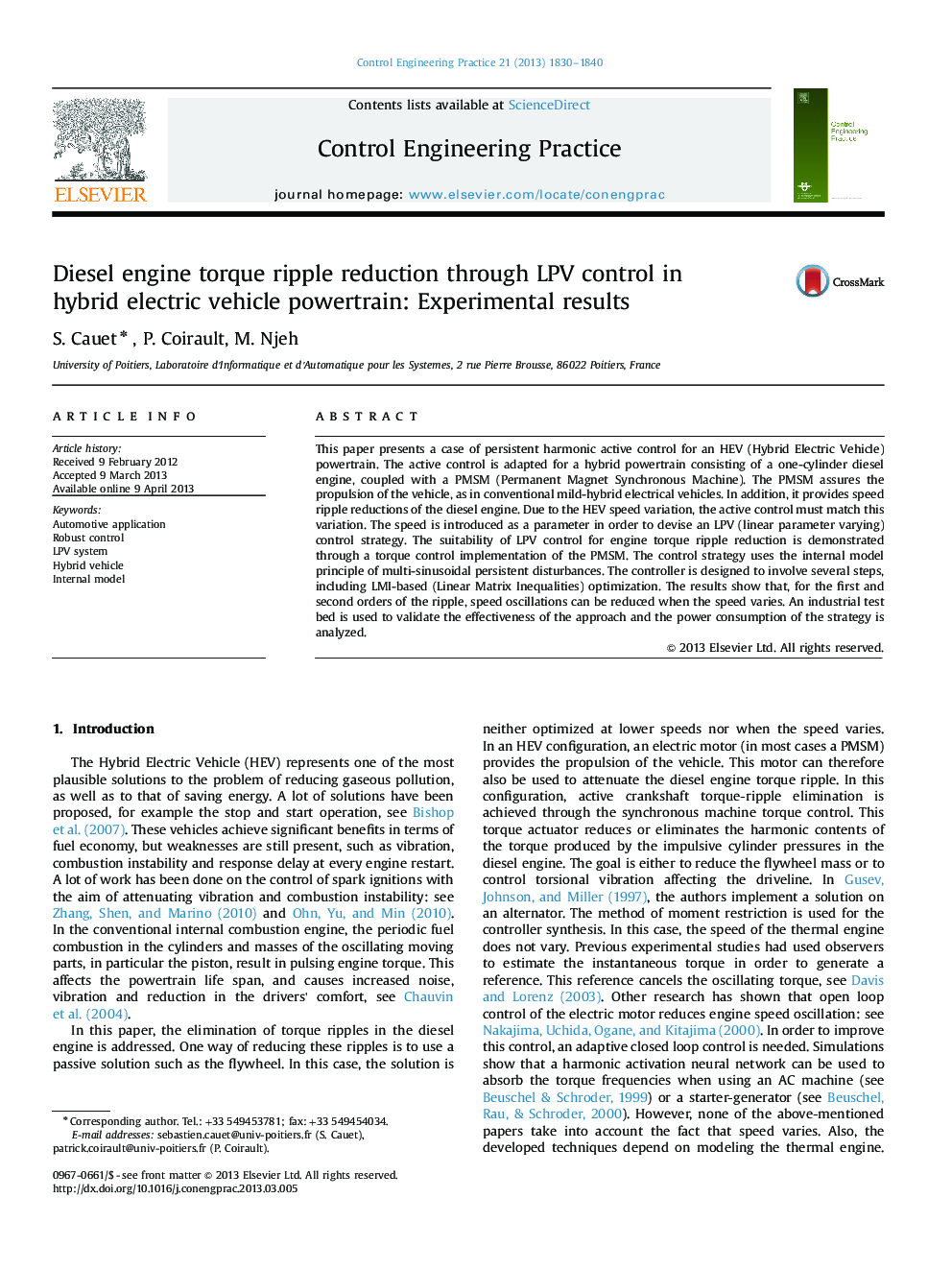 Diesel engine torque ripple reduction through LPV control in hybrid electric vehicle powertrain: Experimental results