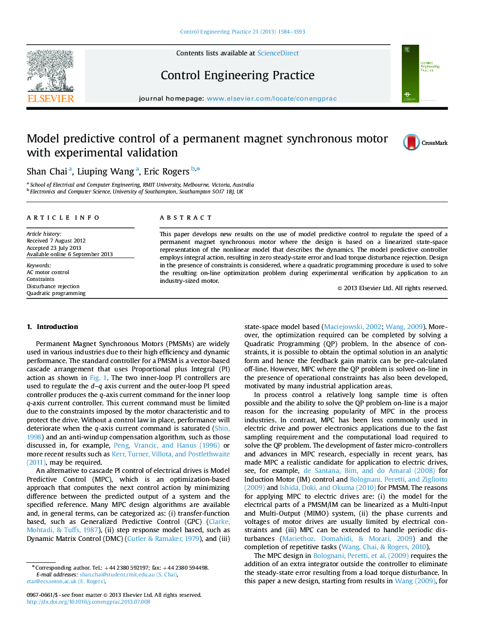 Model predictive control of a permanent magnet synchronous motor with experimental validation