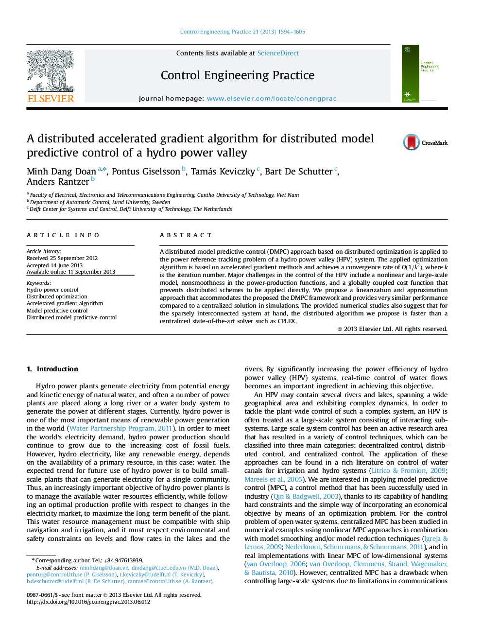 A distributed accelerated gradient algorithm for distributed model predictive control of a hydro power valley