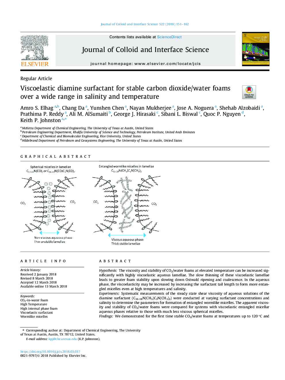 Viscoelastic diamine surfactant for stable carbon dioxide/water foams over a wide range in salinity and temperature