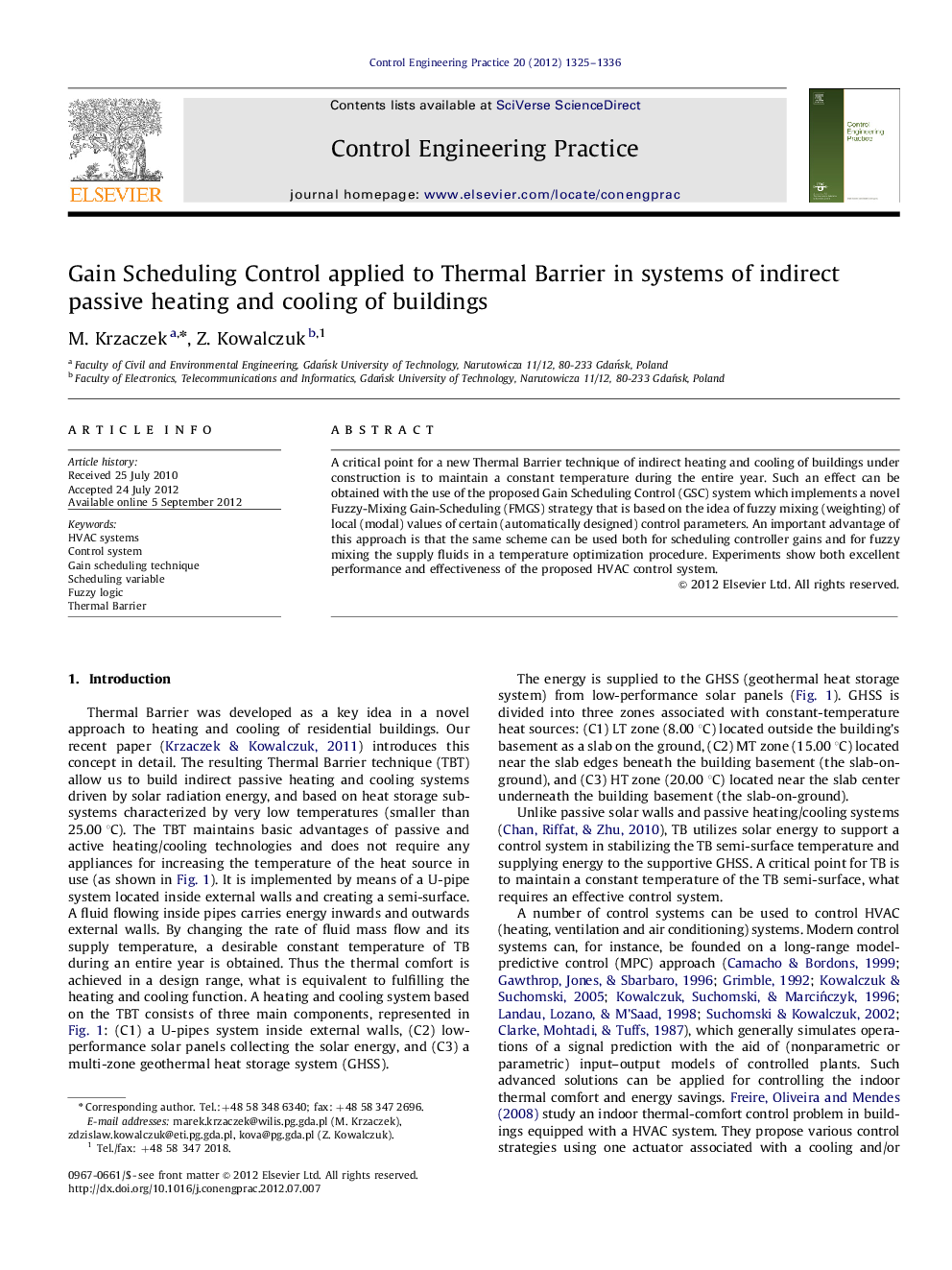 Gain Scheduling Control applied to Thermal Barrier in systems of indirect passive heating and cooling of buildings