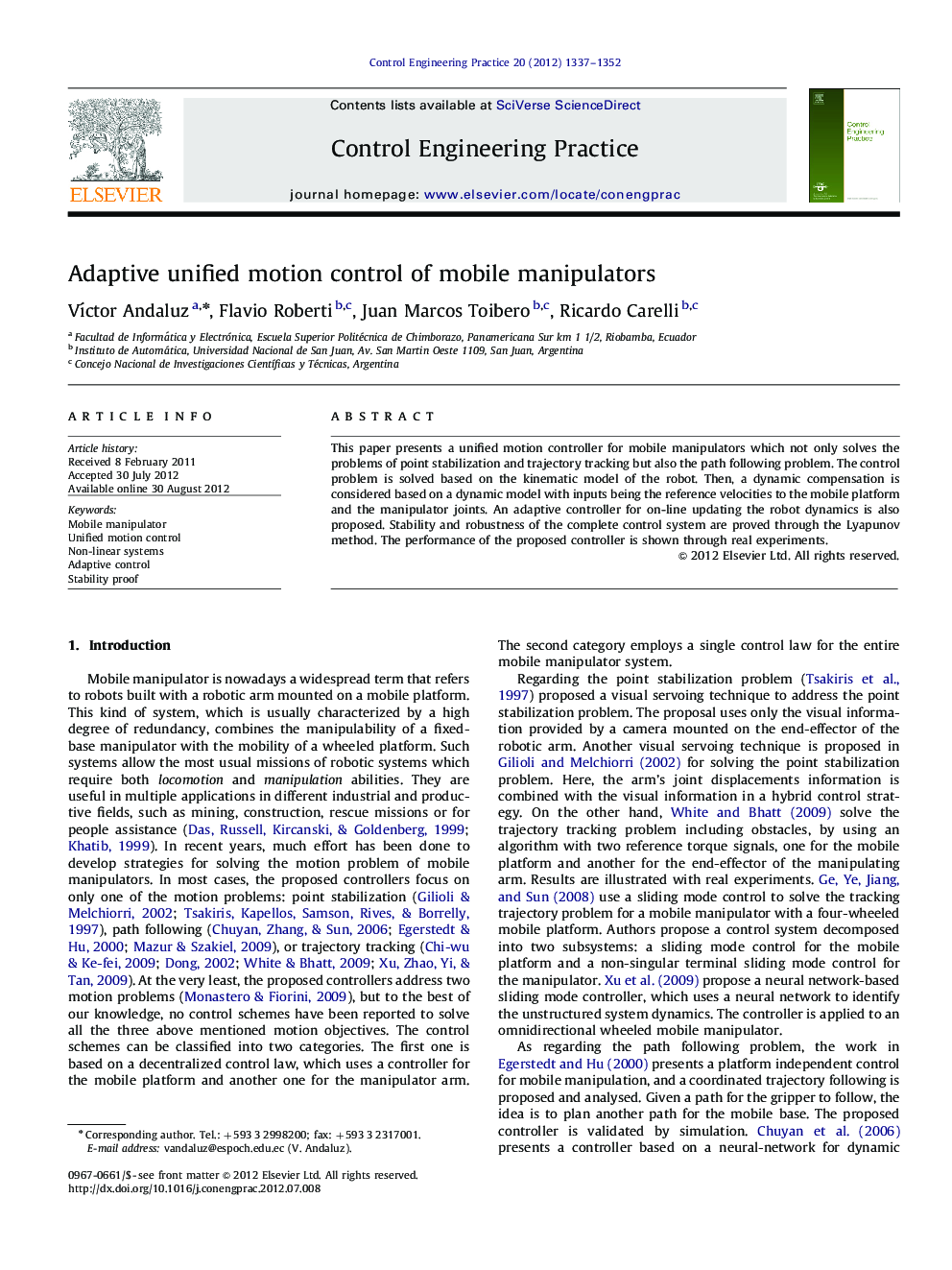 Adaptive unified motion control of mobile manipulators