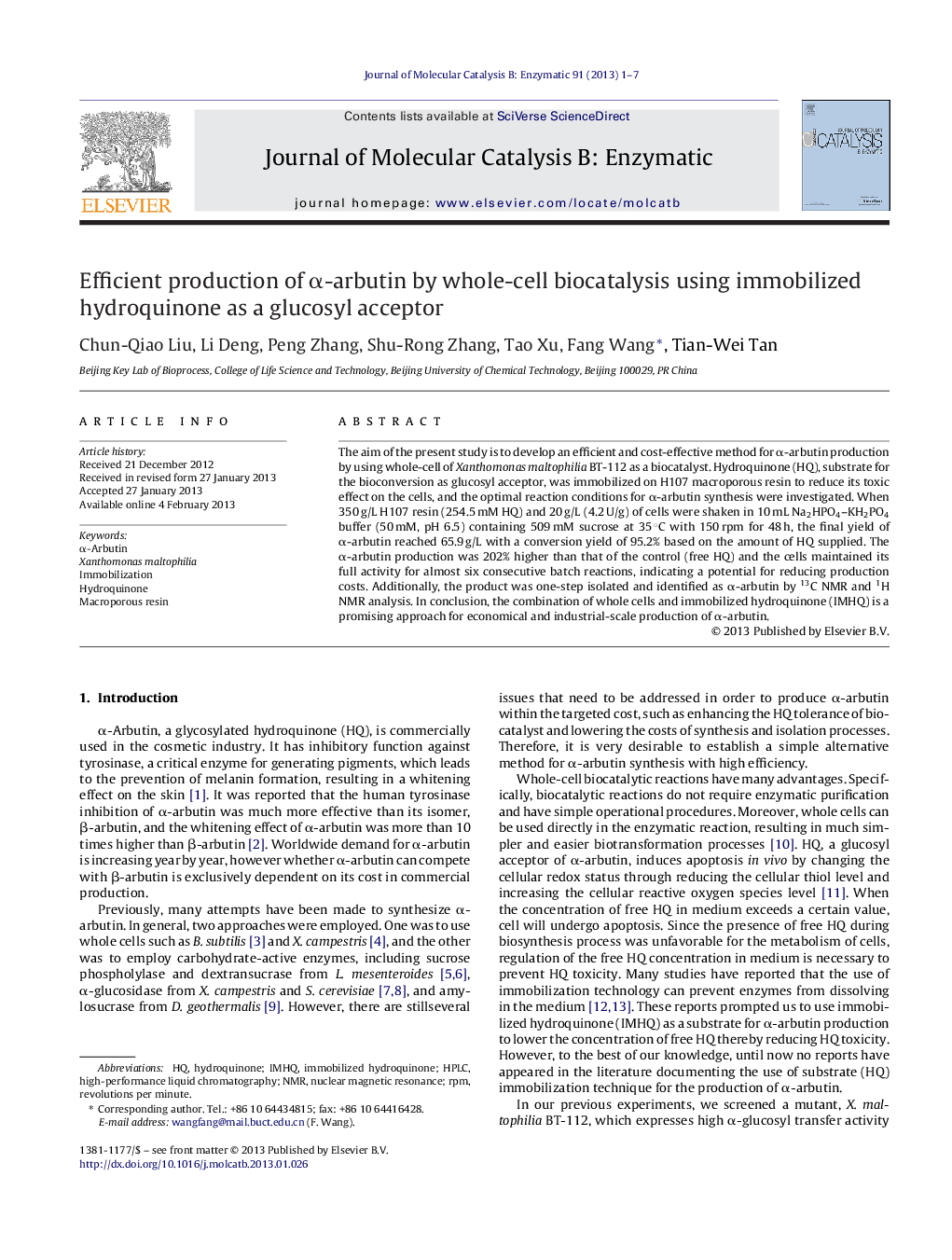 Efficient production of α-arbutin by whole-cell biocatalysis using immobilized hydroquinone as a glucosyl acceptor