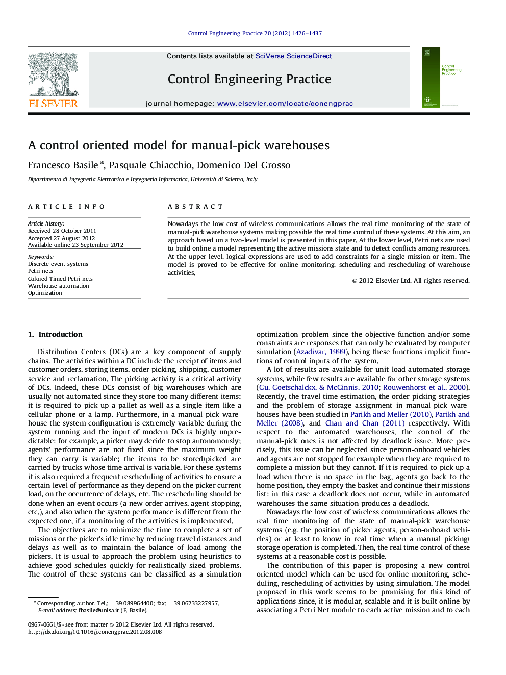 A control oriented model for manual-pick warehouses