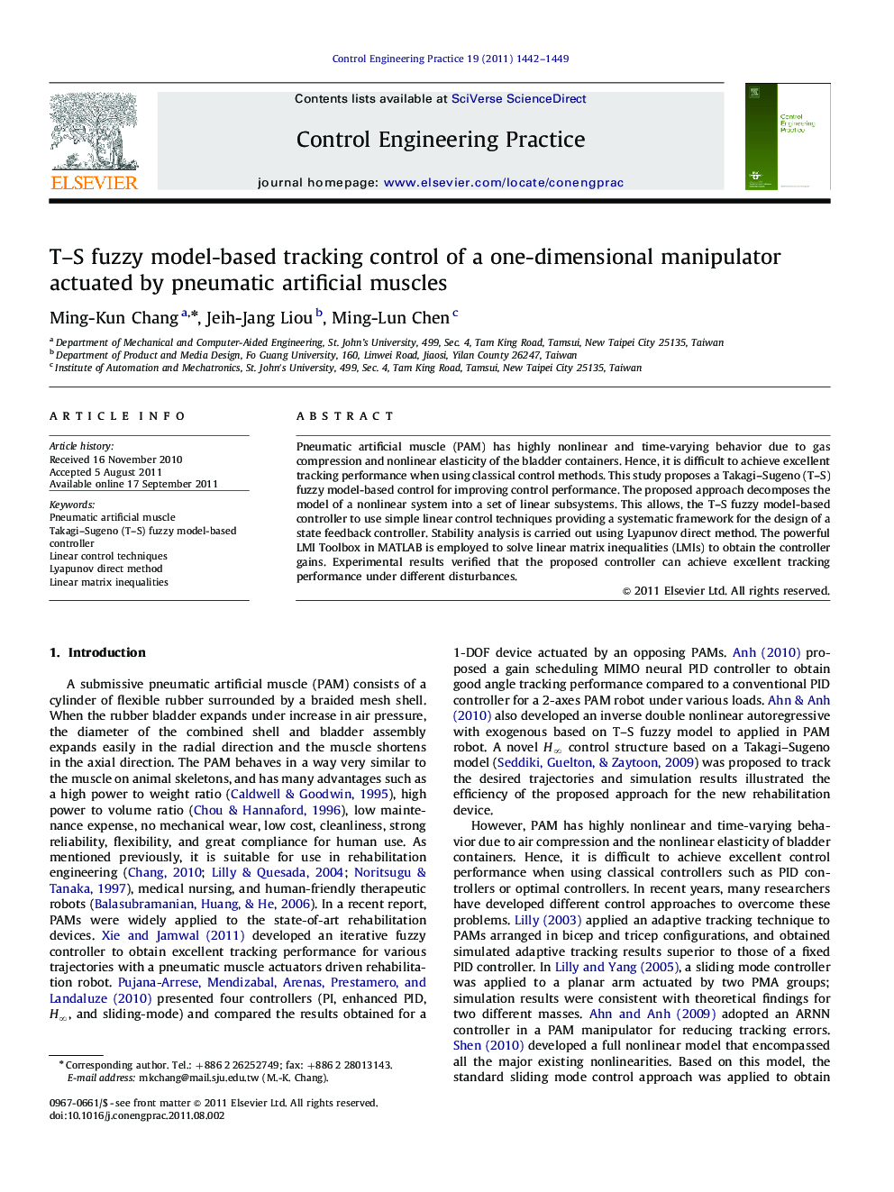 T–S fuzzy model-based tracking control of a one-dimensional manipulator actuated by pneumatic artificial muscles